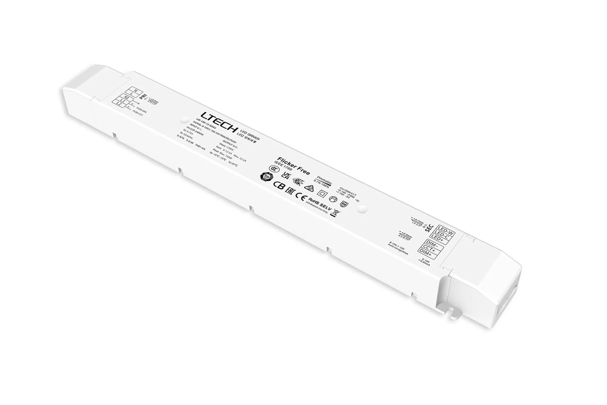 LM-150-12-G2A2  0-10V/1-10V/10V PWM/RX/Push DIM/CT, 0-100% Dim, CV 150W 12Vdc 12.5A, 200-240Vac,IP20, 5yrs Warranty.